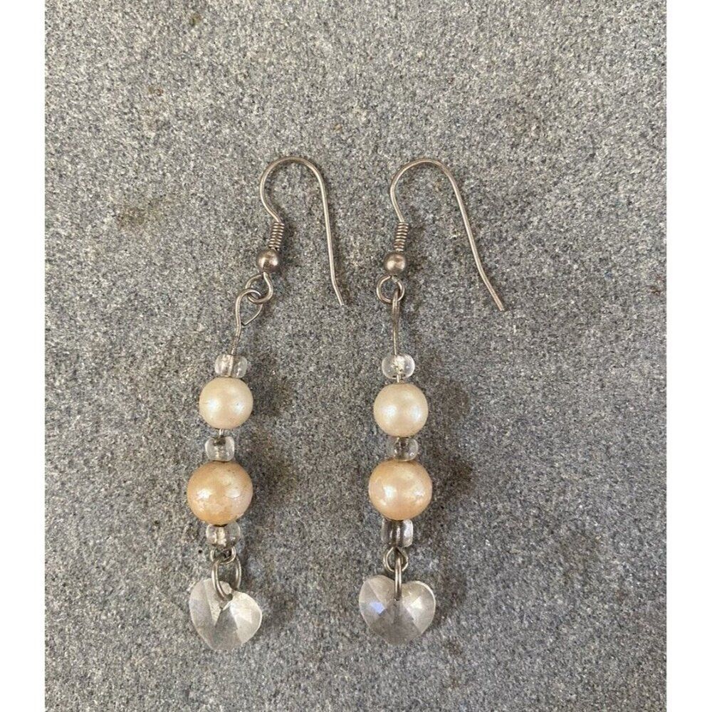 Dangle Earrings Faux Pearl Crystal Heart Silver Tone